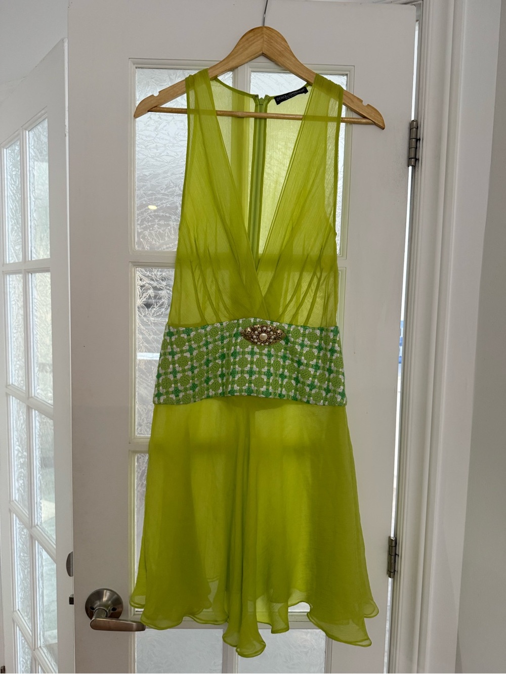 Dolce and Gabbana Lime Green V-Neck Sheer Dress